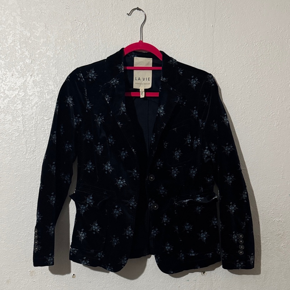 Rebecca Taylor Velvet Blazer with Subtle Blue Floral Motif